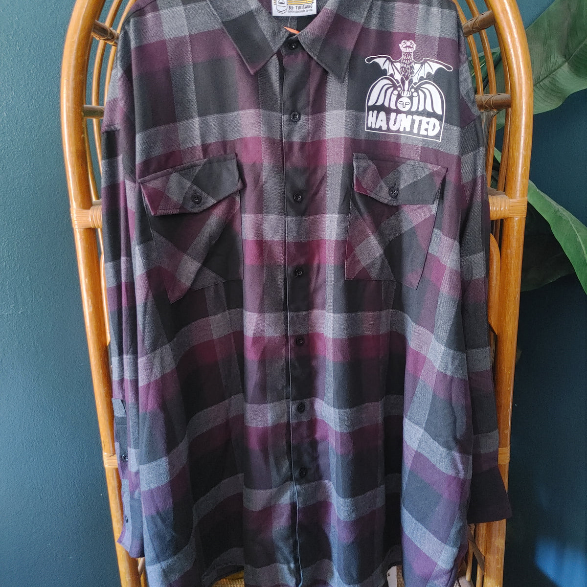 Happy Haunted Place Flannel Shirt in Purple, Grey Black 4X (FINAL SALE)